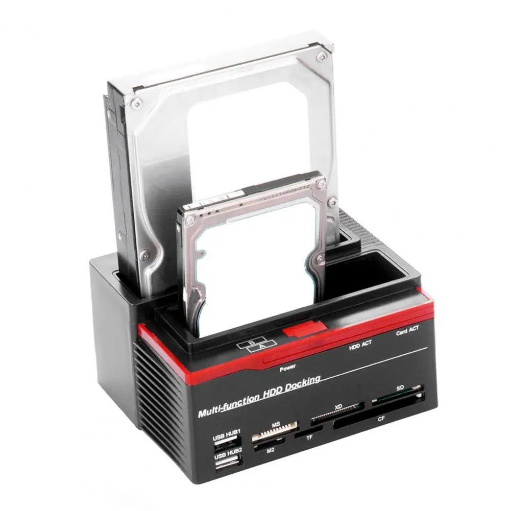 

UK Plug USB2.0 to IDE/SATA Dual-disk Multi-function Hard Disk Dock 2xUSB2.0 Card Reader 2.5-inch 3.5-inch HDD SSD