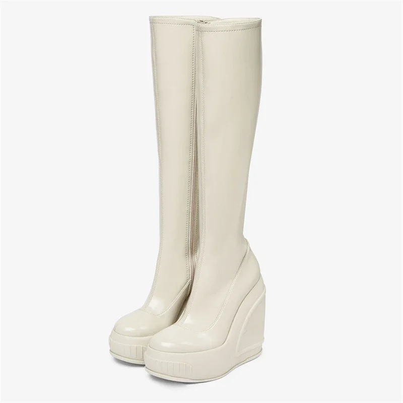 Fashion Show Slope Heel Knee High Boots Women's Platform Party Thick Heel Side Zipper Patent Leather Elastic Boots Size 43