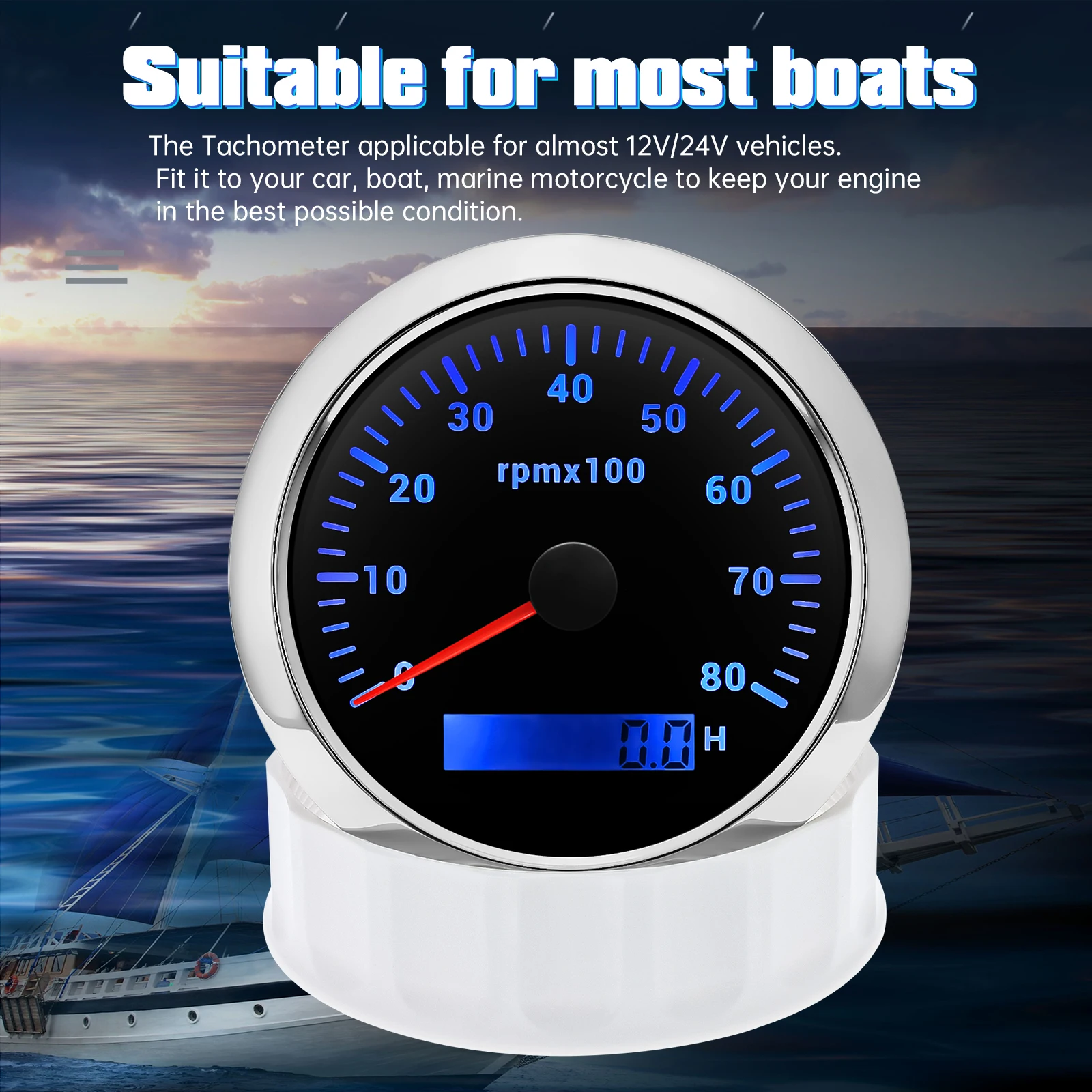7-Farben-Hintergrundbeleuchtung 85mm Auto-Marine-Drehzahlmesser 3K 4K 6K 7K 8K 8000RPM Umdrehungszähler mit LCD-Betriebsstundenzähler 12V/24V – Detail 13