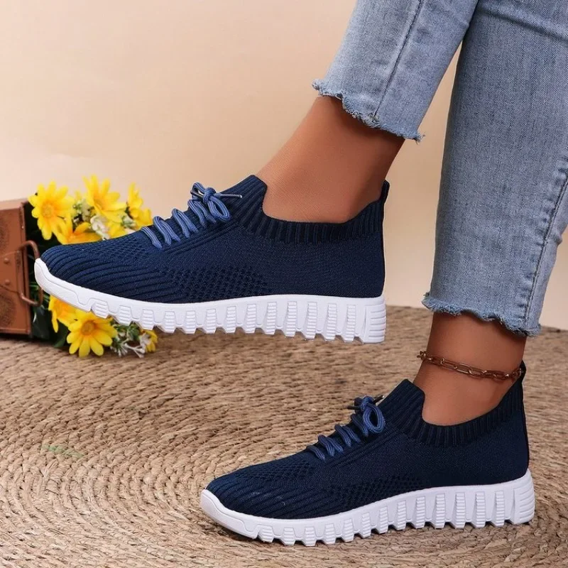 

Womens Breathable Knit Sneakers Mesh Slip On Sock Shoes Lightweight Lace Up Athletic Footwear Comfort Daily Walking Gym Shoes