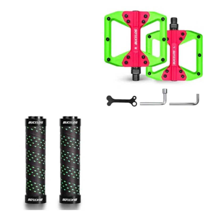 

Bike Handlebar Grips Double Lock on Bicycle Handle Bar and MTB Flat Nylon Bicycle Pedal with Large Platform -Non-Slip Colorful