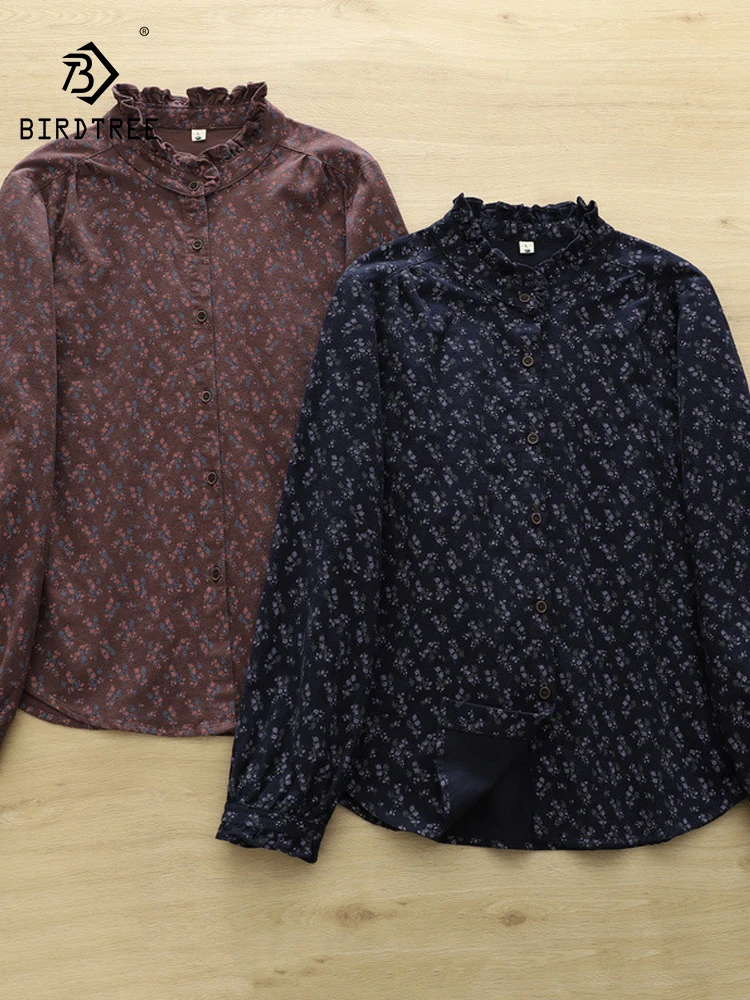 

Новинка 2025, осенняя хлопковая рубашка с длинными рукавами, женская рубашка с оборками и принтом-стойкой, модная повседневная свободная блузка Mori Girl OL T59819CC