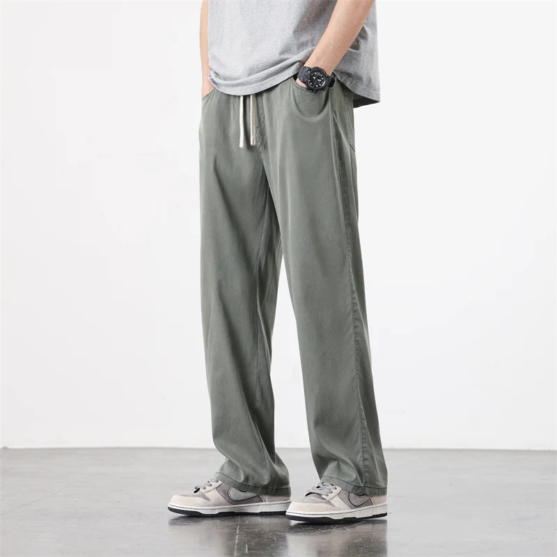

Summer Soft Lyocell Fabric Pants Men Thin Loose Casual Straight Drawstring Elastic Waist Korean Trousers Fashion Plus Size M-4XL