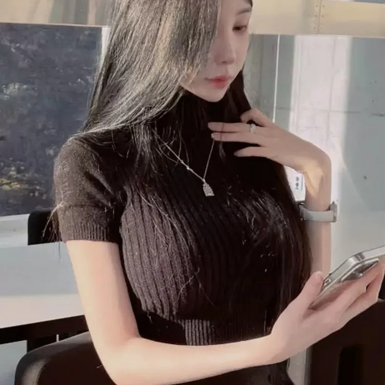 

Сексуальный базовый трикотажный укороченный топ Dongda Gate ort Sve с высоким воротником, женская футболка, удобная дышащая корейская футболка Sle Ciwalk