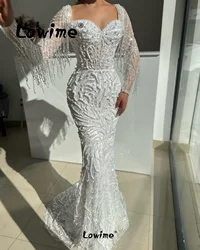 White Ivory Pearl Party Dress Engagement Gowns Long Sleeve Beading Tassels Aso Ebi Dubai Evening Dresses Second Reception Dress