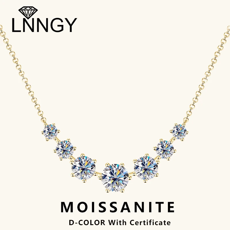 Lnngy Certified Round D Color 7-Stones Moissanite Necklace Trendy Collier Argent 925 Sterling Silver Smiley Pendant Necklaces