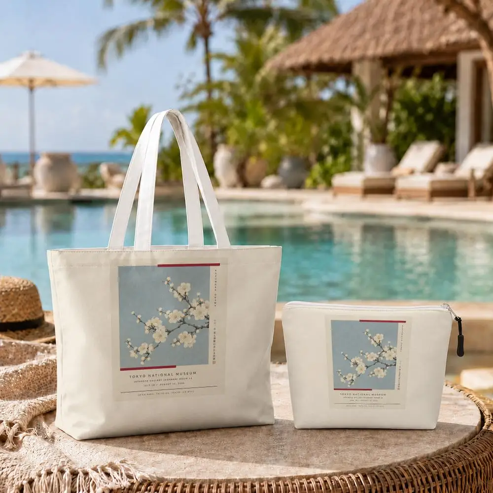 Japanese Museum Flower Storage Bags 2-Pcs Canvas Tote Bag Set with Zipper Reusable Tote Bags for Shopping Travel Work Gifts