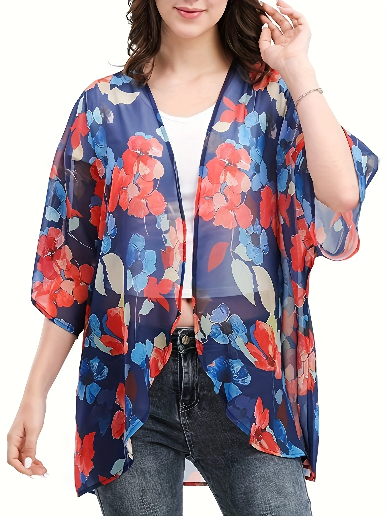 

Женская пляжная накидка в курортном стиле с цветочным принтом: шифоновая блузка-кардиган с рукавом 3/4