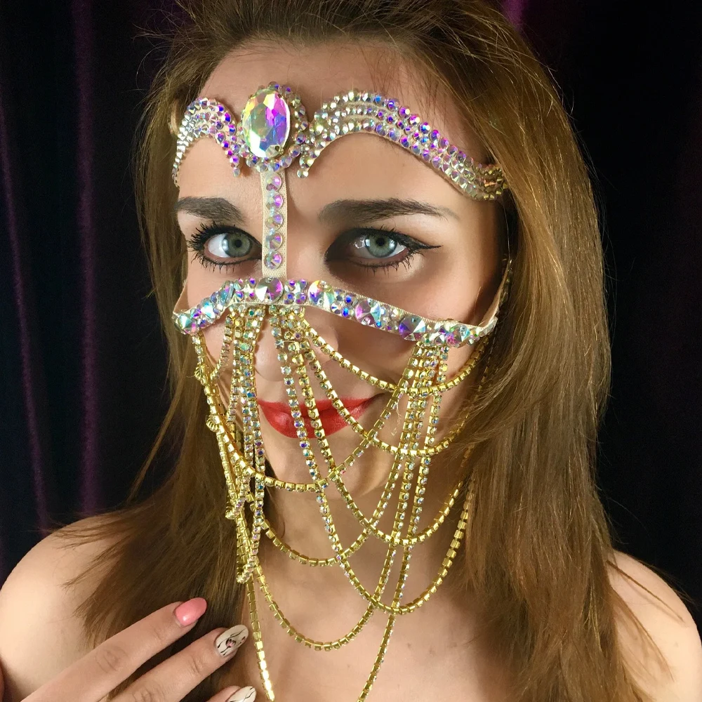 

Rave Multilayer Colorful Crystal Mask Chain Arabian Hair Jewelry Hollow Rhinestone Lady Belly Dance Face Veil Sparkly Cosplay