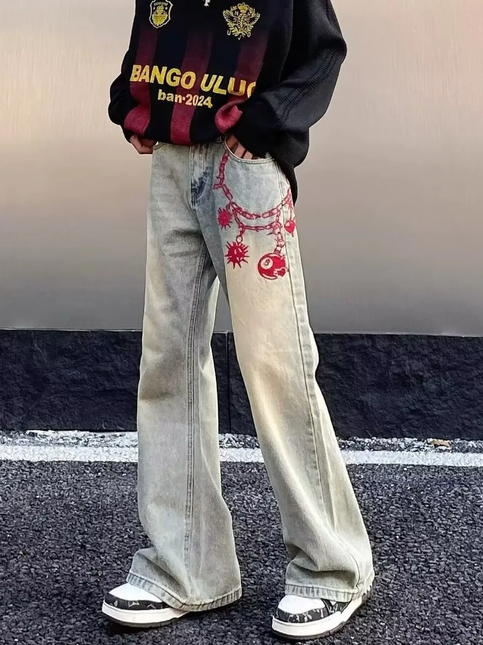 

Retro American Vibe Embroidered Distred Jeans Men's High Street Clean Fit Loose Flared Pants Casual Wear for Teens And You...