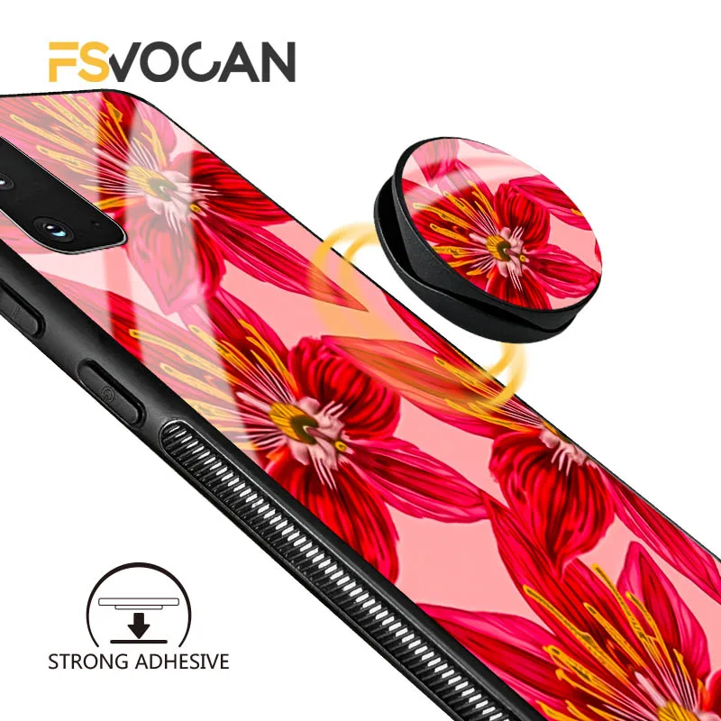 鮮やかな赤い花柄のスマホケース（ブラケット付き）Samsung Galaxy S26 S25 S24 S23 S22 S21 S20 Plus Ultra A53 A54 A32 A33 A34 A35 A55対応