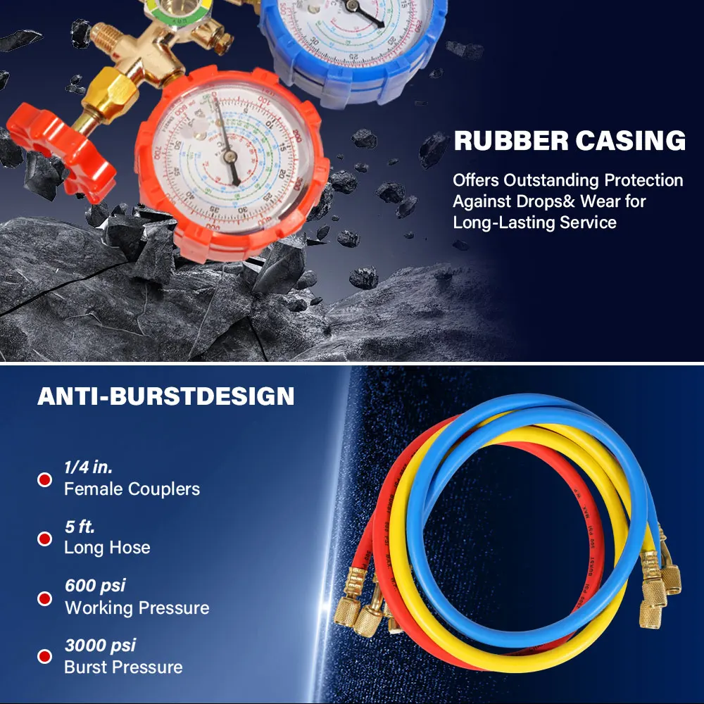 Zestaw 3-mierzyłowy do pomiaru ciśnienia klimatyzacji z profesjonalnym zestawem węży - Kompletny zestaw do testowania i napełniania czynnika chłodniczego R134A R22 R404A R12