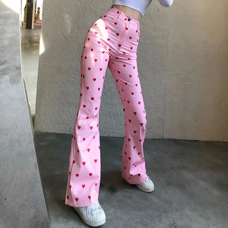 2024 New Women Casual Pants Women's Pink Heart Print Long Pants Straight Pants Spring High Waist Slim All-match Loose Trousers