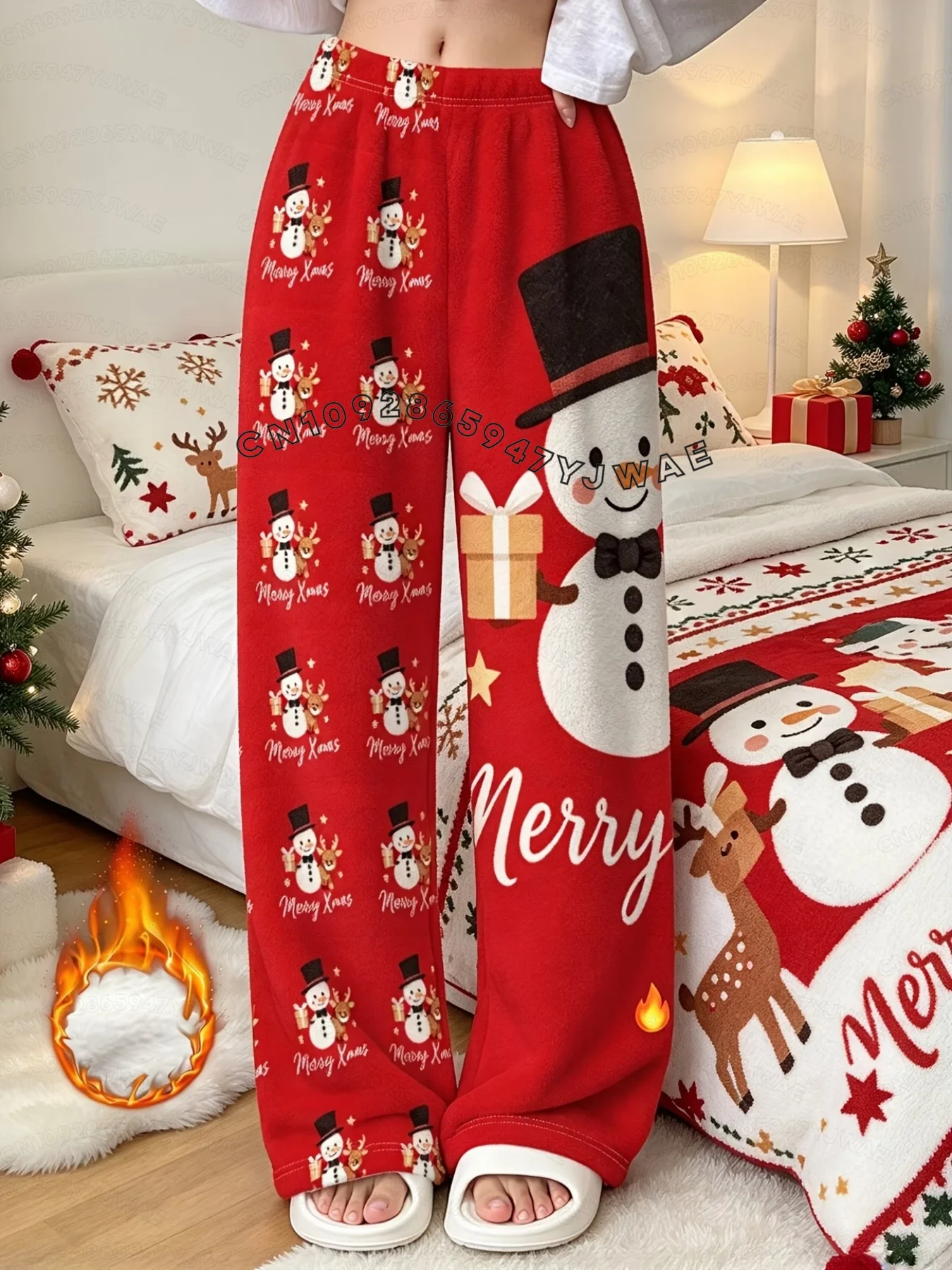2026 Winter Women Fun Christmas Plush Pajama Pants Trousers Santa Claus Snowflakes Pattern Women Home Anime Cartoon Pajama Pants 3