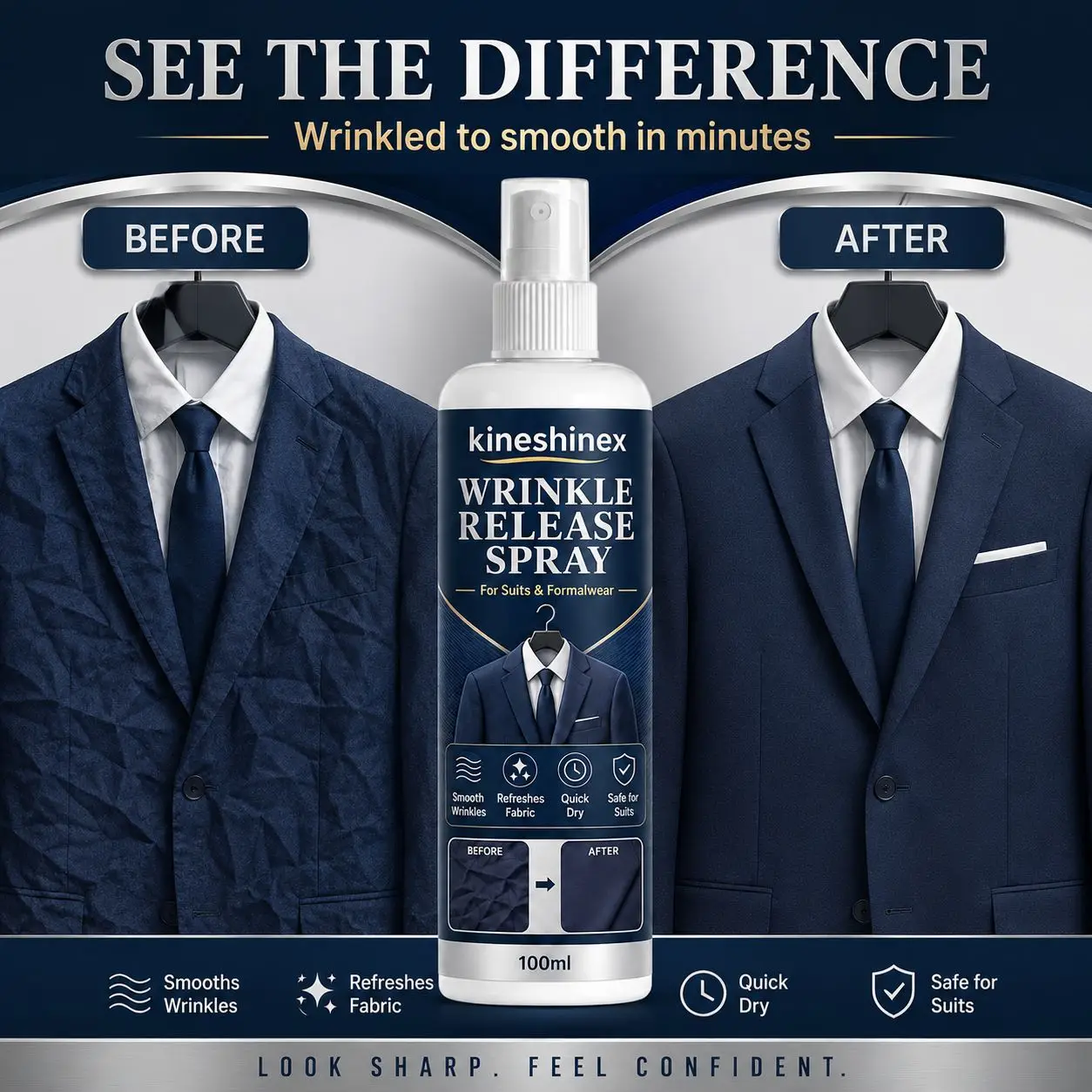 Wrinkle Release Spray 100ml–For Suits & Formalwear, Instantly Smooths Wrinkles,Refreshes Fabric,Safe for Suits,Shirts & Trousers