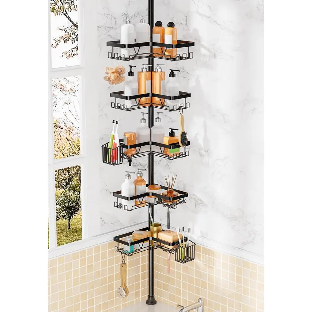 

5-ярусная подставка для душа из нержавеющей стали с 2 подвижными держателями для зубных щеток, регулируемой телескопической штангой, выдвижная, 63-292 см