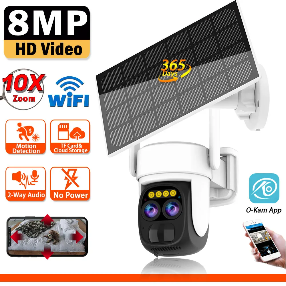 O-Kam App Smart Solar WIFI Security Cameras With Solar Panels 5MP HD Color Night Vision Motion Detect PTZ Surveillance IP Camera