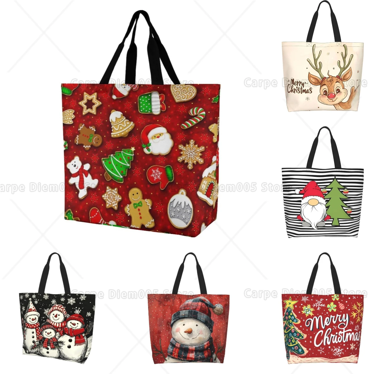 Happy Christmas Tote Bag,Durable Reusable Large Shopping Bags Long Shoulder Strap Foldable Portable Utility Bag for Beach Picnic