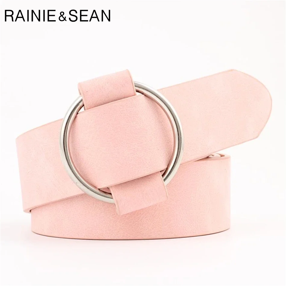 

RAINIE SEAN Pink Faux Suede Leather Belts for Women Solid Waist Belt Circle Smooth Buckle Casual Wide Ladies Pu Belt for Jeans