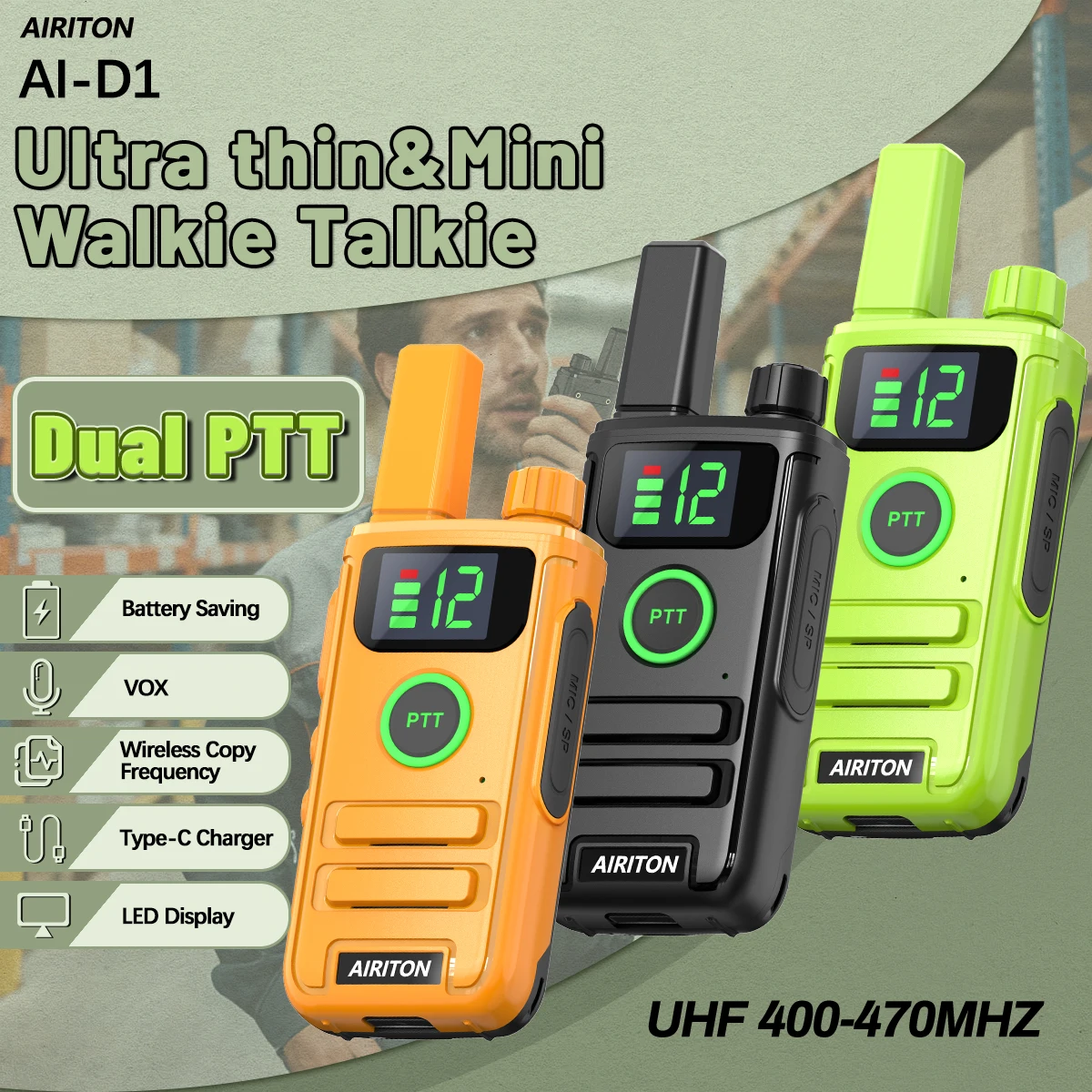 

Рация AIRITON AI-D1 Mini UHF 400-470 МГц, ультратонкая, беспроводная, с функцией копирования частоты, двойным PTT, большой дальности, совместимая, двухсторонняя связь