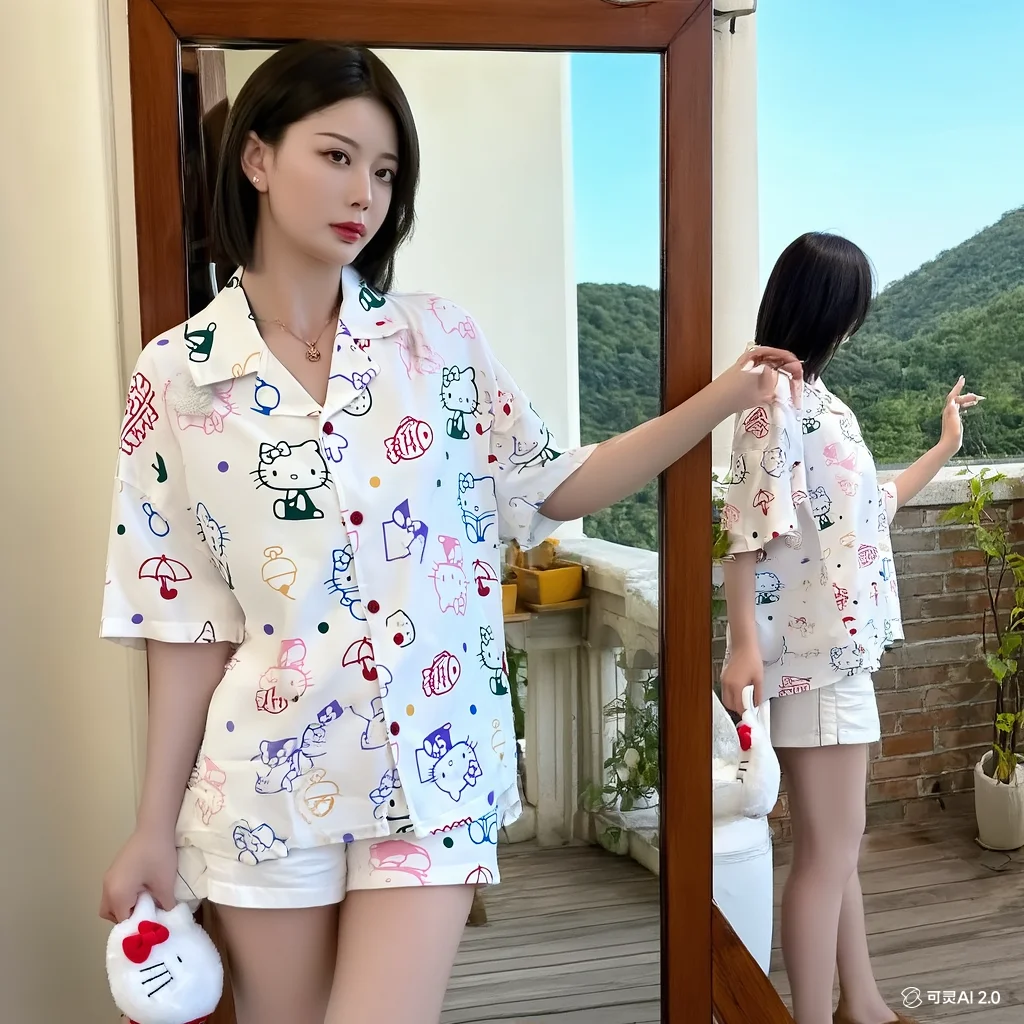 

Sanrio Fresh Ice silk Простые милые летние милые шорты Hello Kitty для студентов Оставайтесь дома Удобный комплект с короткими рукавами для сна для девочек