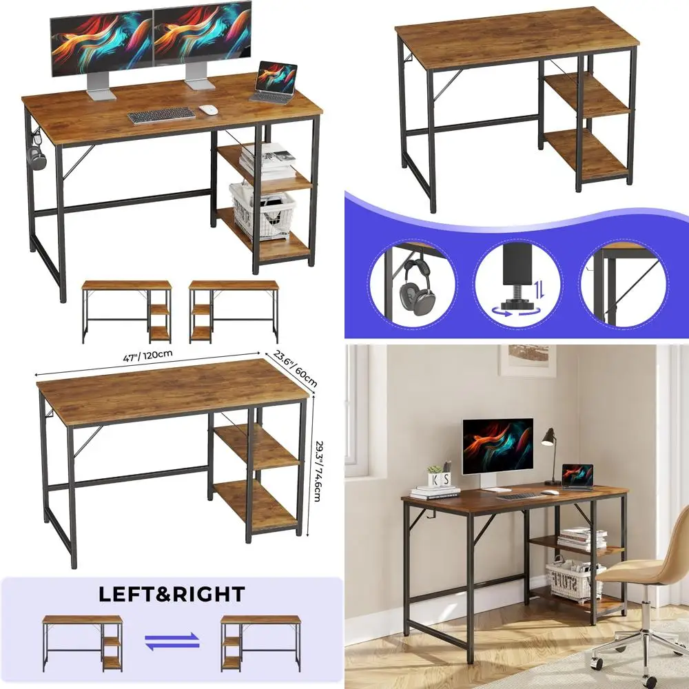 

Wooden Storage Shelf Computer Desk, Office and Gaming Table with 2-Tier Industrial Design