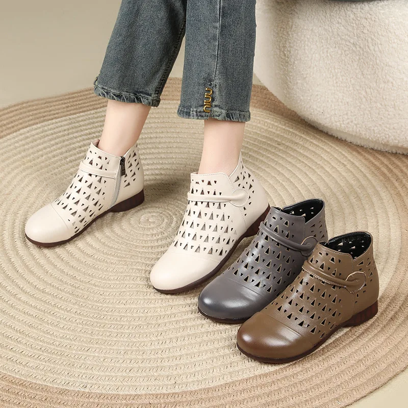 

GKTINOO Genuine Leather Summer Sandals Breathable Hollow Ankle Boots Soft Mom Shoes Comfortable Sandalias De Mujer Large Size