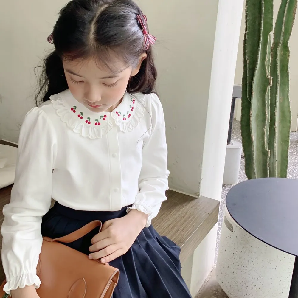 

baby girl clothes kids shirt cotton white Cherry pattern embroidery wide lapel Sweet girl's shirt baby tops