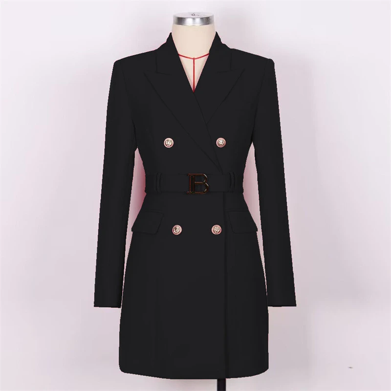 เสื้อเบลเซอร์ผู้หญิงทรงยาวสำหรับฤดูหนาว ติดกระดุม สไตล์หรูหราสำหรับสุภาพสตรีทำงาน พร้อมเข็มขัด  ชุดทำงานผู้หญิง