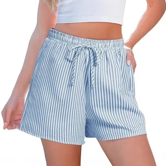 Pantaloncini a righe da donna estivi pop Vita alta da spiaggia Cintura elastica con coulisse casual con tasca Cintura leggera alla moda da donna