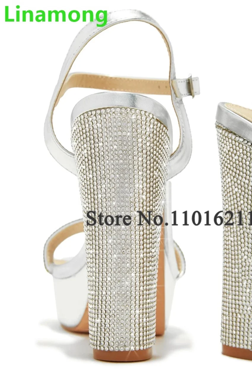 Silver Square Heel Platform Sandals For Female Women 2024 New Crystal Blingbling Shallow Elegant Fashion Dress Buckle Strap Shoe