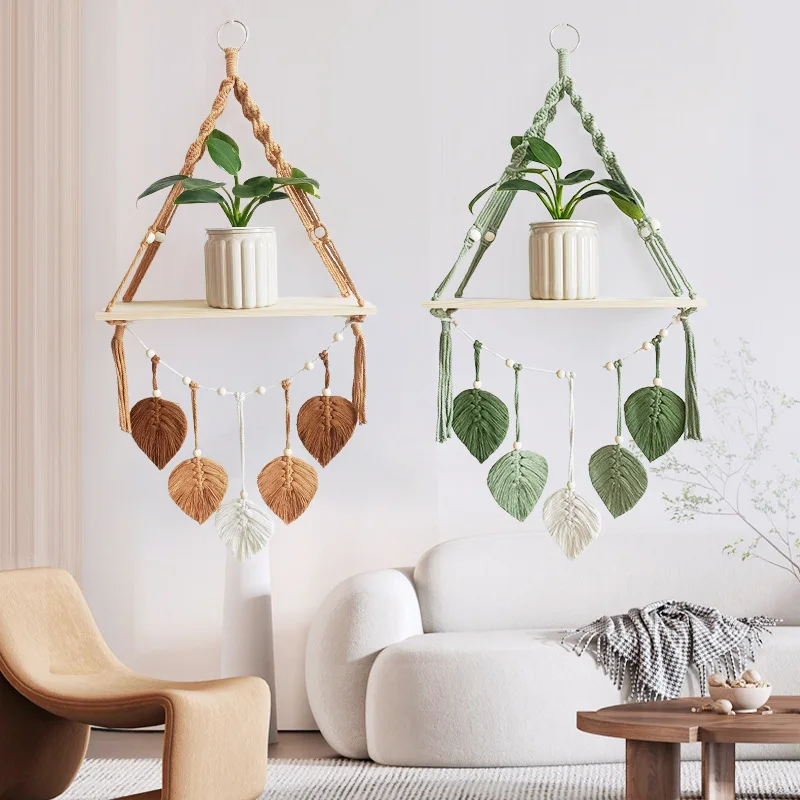 Bohemian Leaf Wall Decoration Floating Shelf Tapestry, Green Leaf Hanging Shelf Decorative Storage Shelf, Holiday Gift