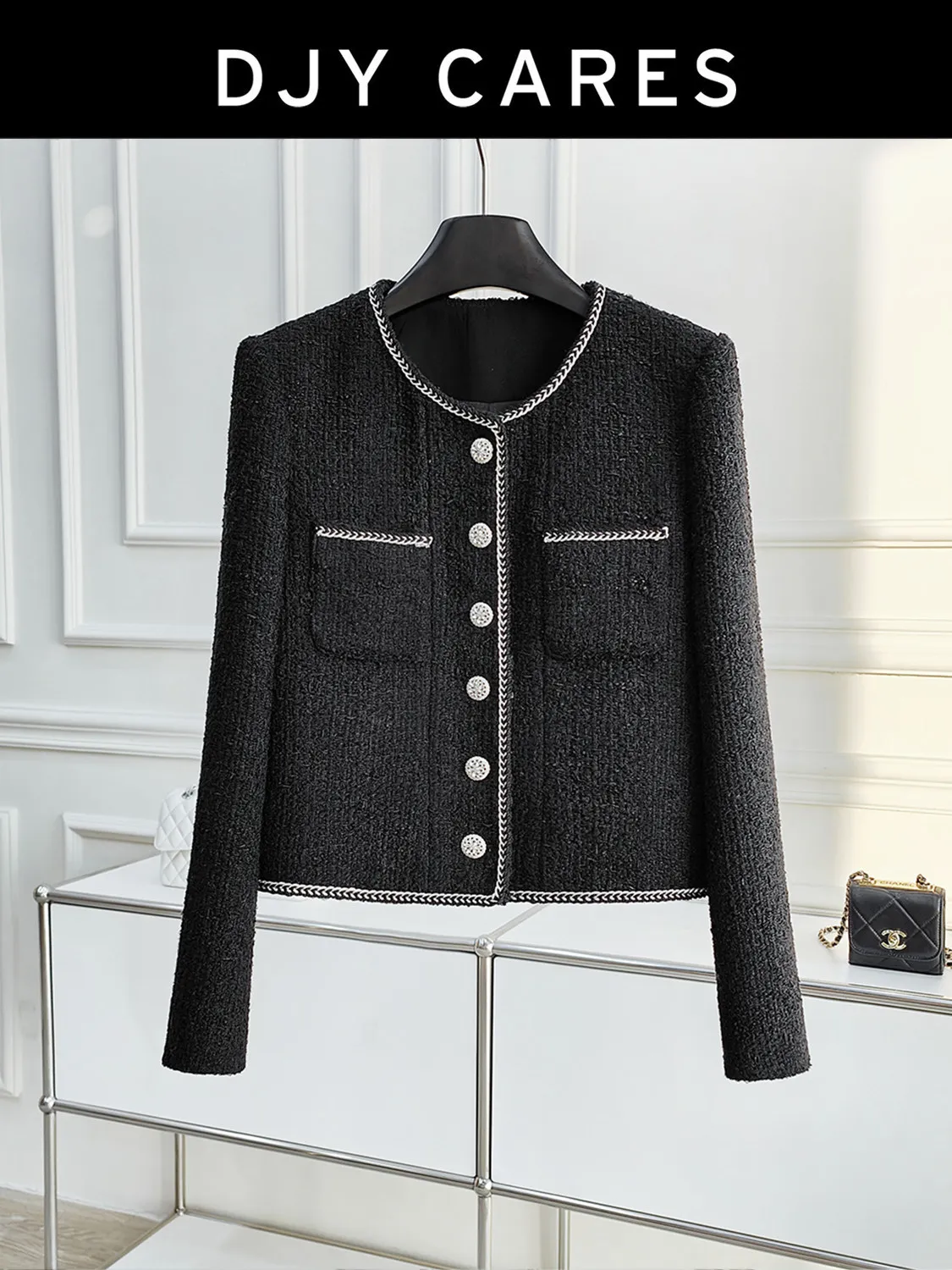 New Simple heavy industry black coarse woolen coat round neck long sleeved top Can customize size