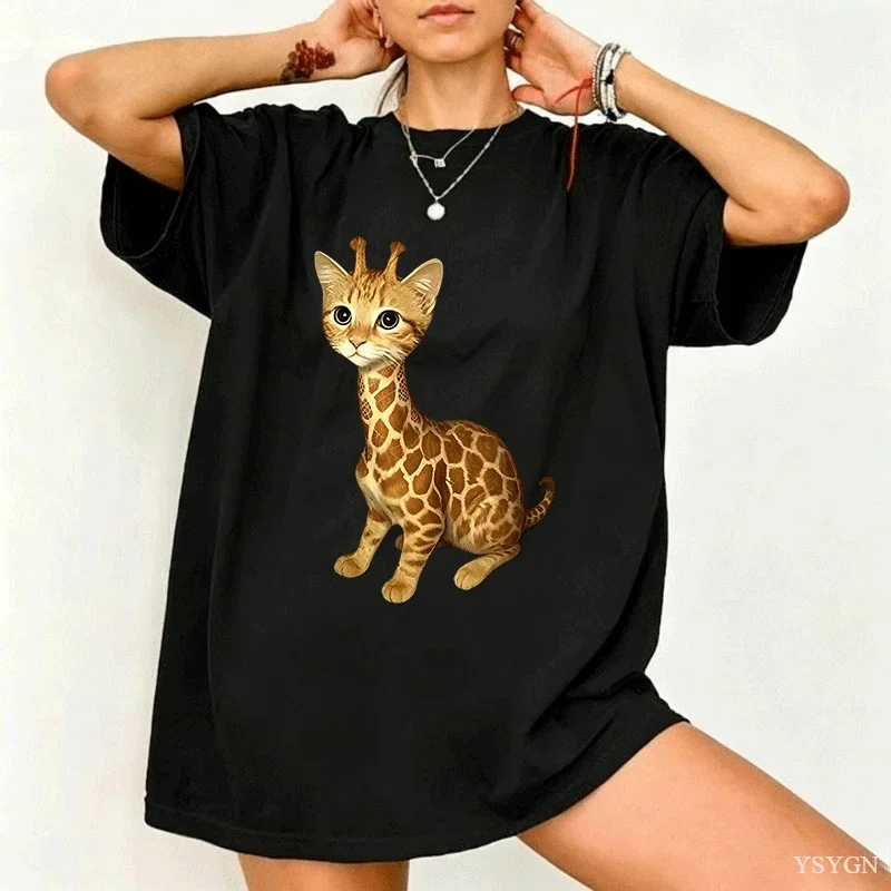 Cute Giraffe Cat Hybrid Women Crew Neck T Shirt Fantasy Creature Graphic Short Sleeve Tee Animal Lover Casual Male Street Tops