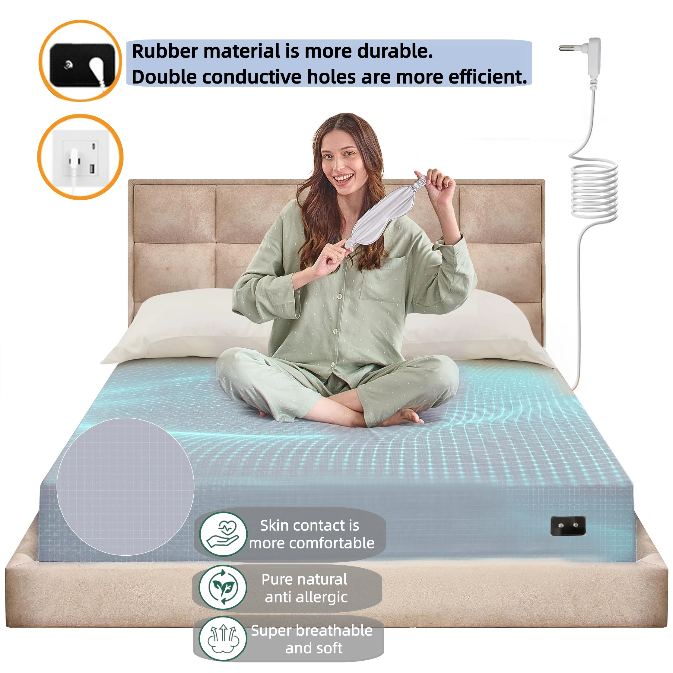 Amradield Silver Fiber Grounding Fitted Sheet 10% Electrical Conductivity Machine Washable for Better Sleep