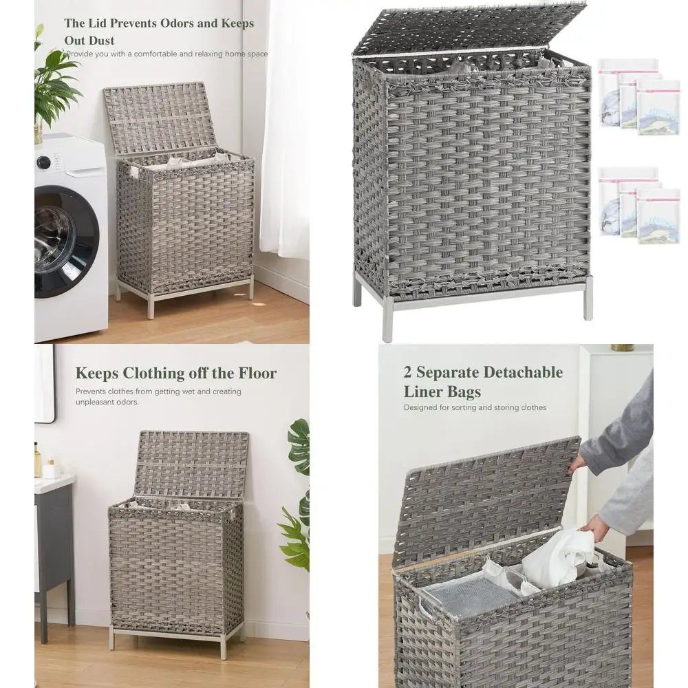 

Серая плетеная корзина для белья из ротанга объемом 112 л с крышкой, 2 сумками-вкладышами, 6 сетчатых карманов, металлическими ножками, большая секционная корзина для дома