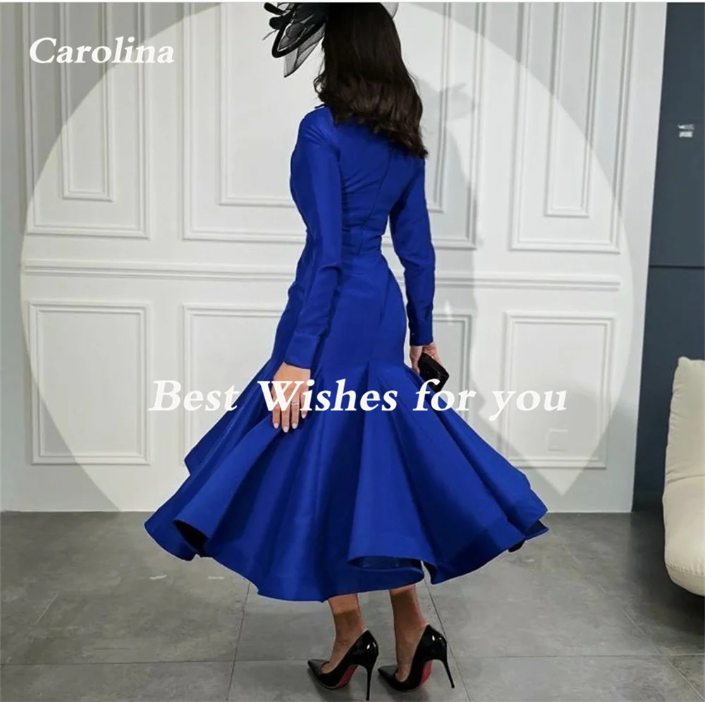 Carolina Short Royal Blue Taffeta Evening Dress With Sleeves Muslim Mermaid Tea Length Robe De Mariée Party Gown For Women