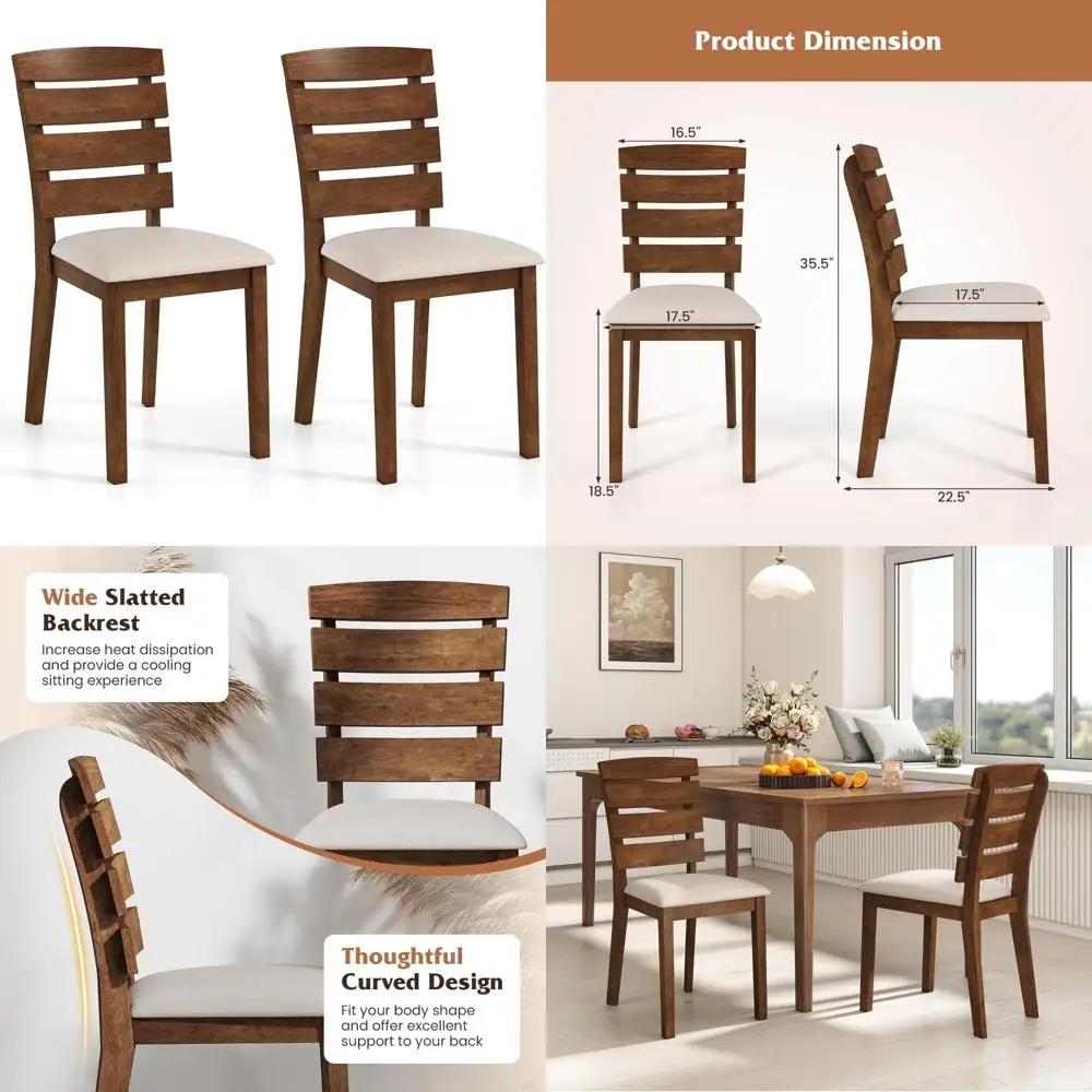 Juego de 2 sillas de comedor tapizadas con respaldo alto de láminas, patas de madera de caucho, asientos anchos acolchados para cocina