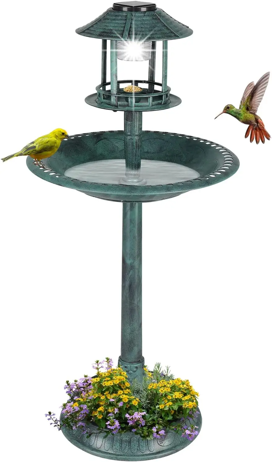 

Outdoor Bird Bath, Garden Bird Baths Decorations with Solar-Powered Lamp and Resin Pedestal Flower Planter Base Bird Feeder