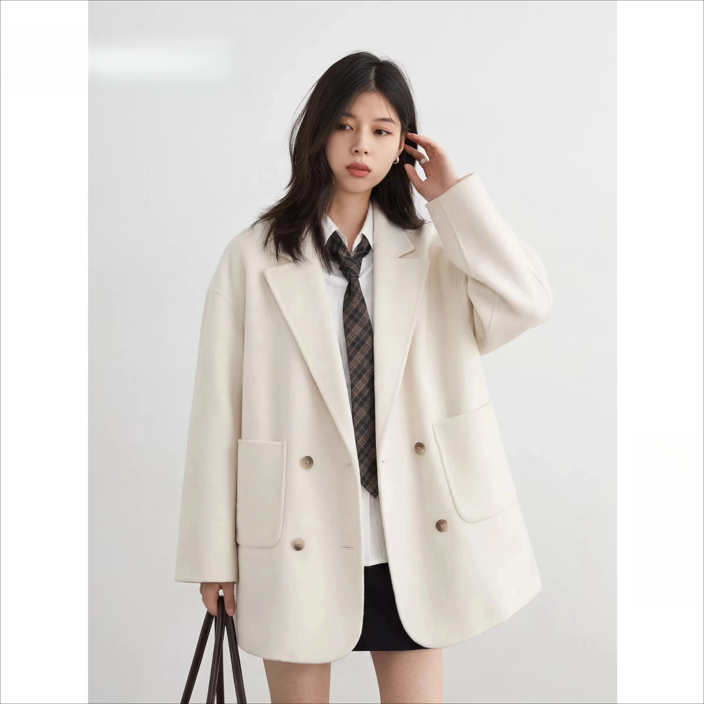 New Women Woolen Coat Loose Solid Mid-length Double-sided Oversized Office Ladies Jackets Outerwear Autumn Winter