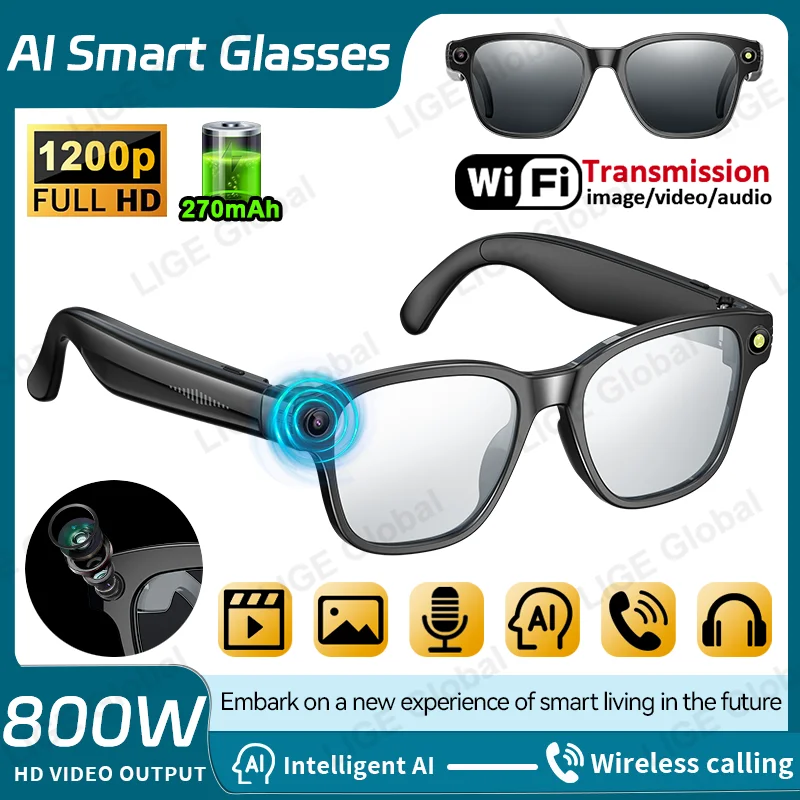 

LIGE 800W HD AI Camera Smart Glasses Video Record Bluetooth Call 270mAh Battery Voice Assistant Control Translate Sunglasses New