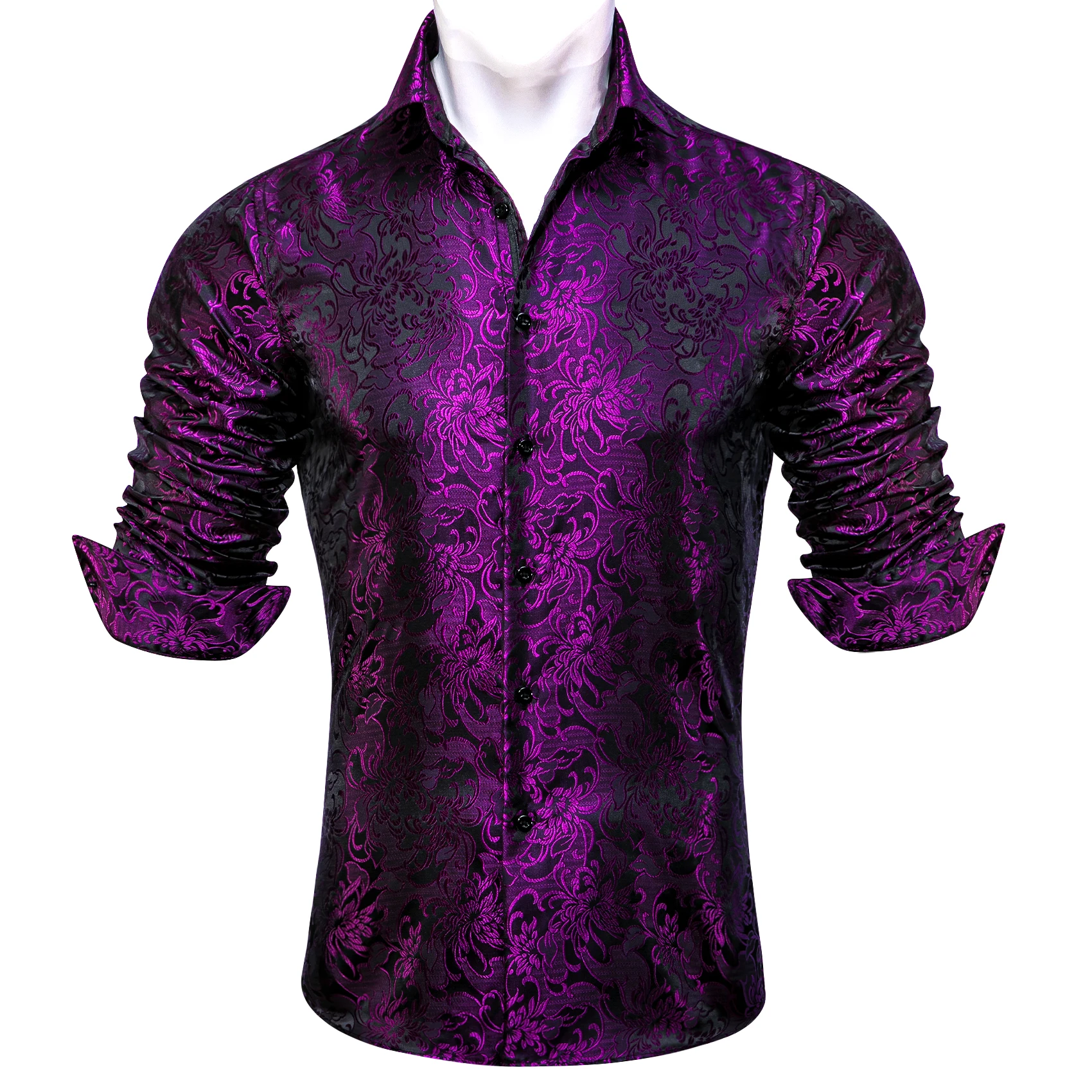 Luxury Shirts for Men Spring Silk Purple Black Long Sleeve Slim Casual Regular Embroidered  Men Dress Cloth Top Barry Wang