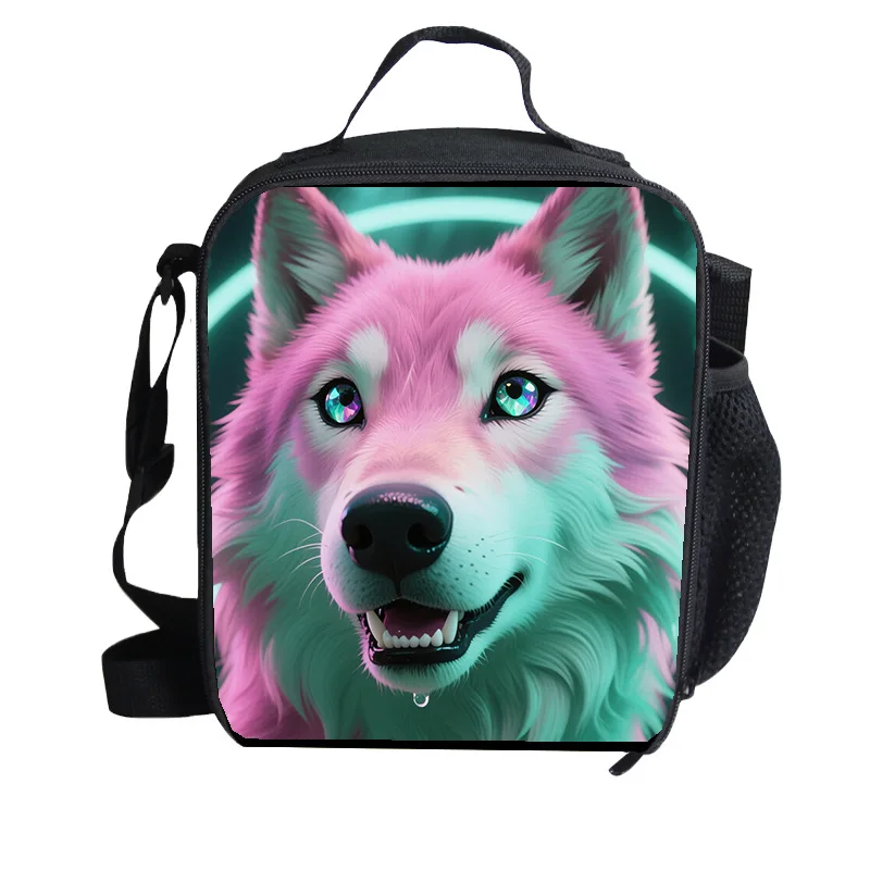 กระเป๋าใส่อาหารกลางวันลายหมาป่าสำหรับเด็ก  แบบเรียบง่าย พกพาสะดวก สะพายข้าง  กระเป๋าเบนโตะ  กระเป๋าปิกนิก  กระเป๋าถือ