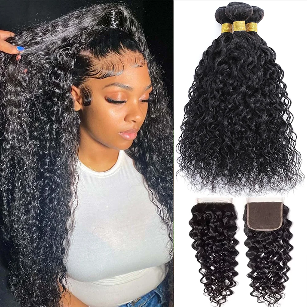 Deep Wave 3 Bundles With Closure - Bündel mit Wasserwellen-Struktur und Verschluss, nasse