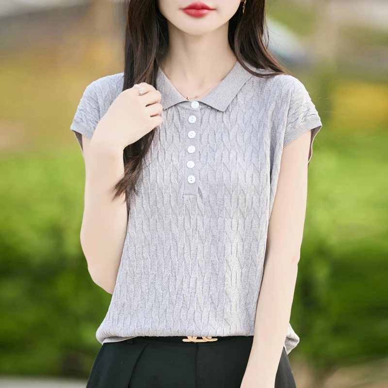 レディースポロカラー Tシャツ夏の新作リヨセルニット半袖カジュアル無地シャツレディースプルオーバールーズトップ
