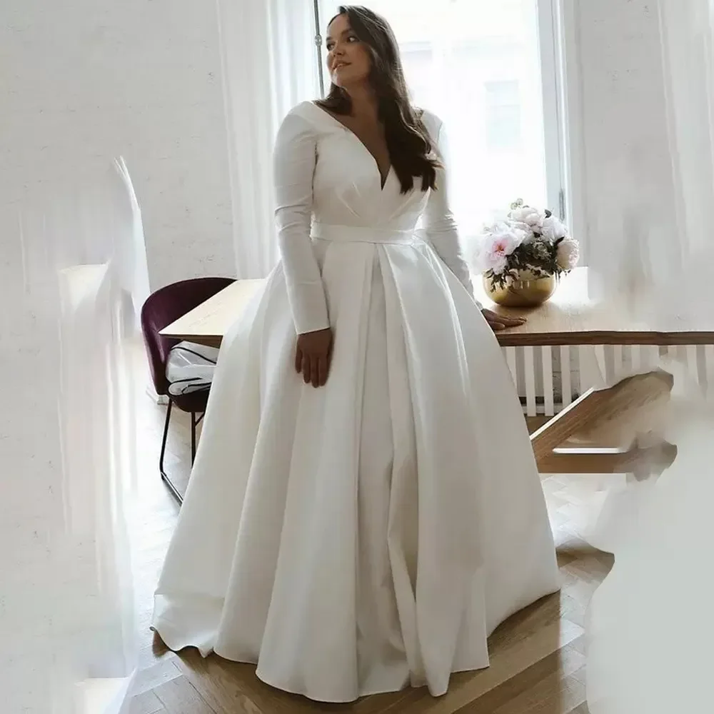 

Flavinke Elegant Plus Size Satin Wedding Dresses Long Sleeve V Neck Beach Bride Dress Bridal Gown Boho Fluffy Vestidos de novia