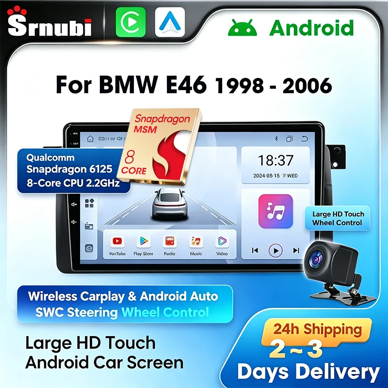 Autoradio 2 DIN da 9 pollici per BMW E46 M3 X5 1998-2006, lettore multimediale con schermo touchscreen HD, navigazione GPS, Bluetooth 5.4, CarPlay e Android Auto wireless, effetto sonoro DSP, plug and