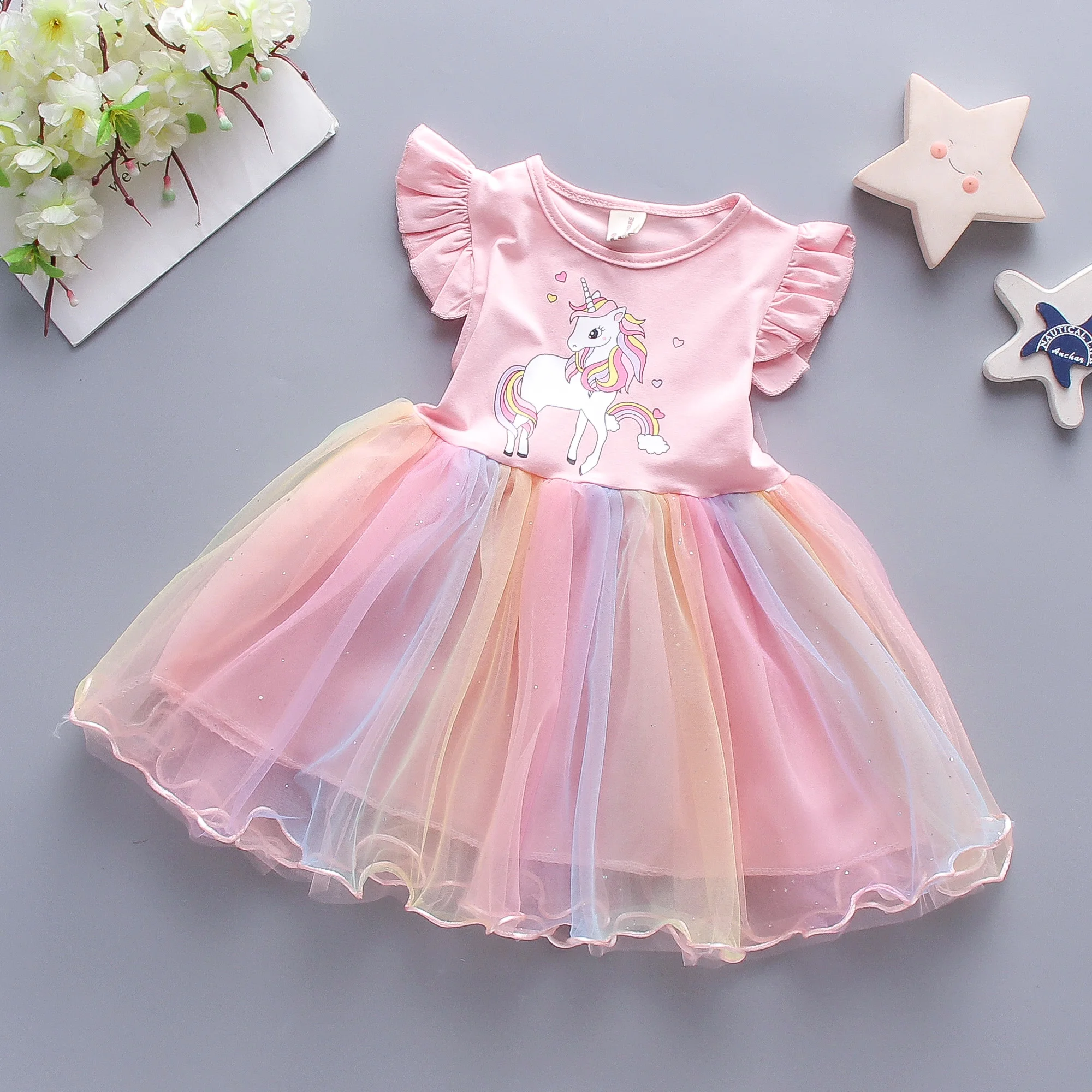 Summer Cartoon Cute Birthday Party Princess Baby Girl Dress Korean Style Fashion Cotton Spliced Fairy Tutu Dress for Toddler