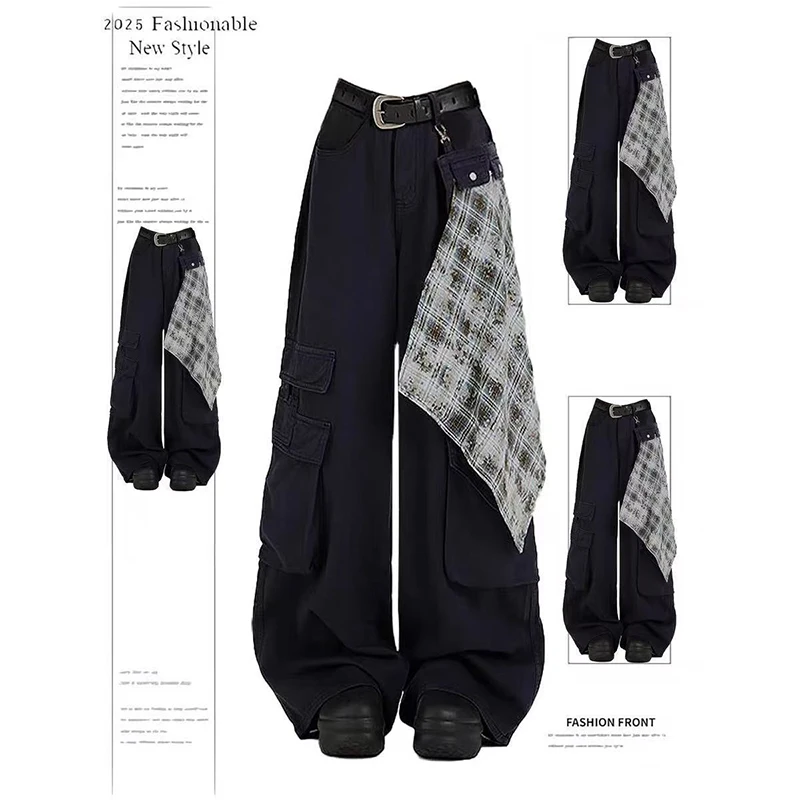 

ZHIZOU Women Black Baggy Y2k Cargo Jeans Japanese 2000s Style High Waist Jean Pants Vintage Harajuku Oversize Denim Trousers