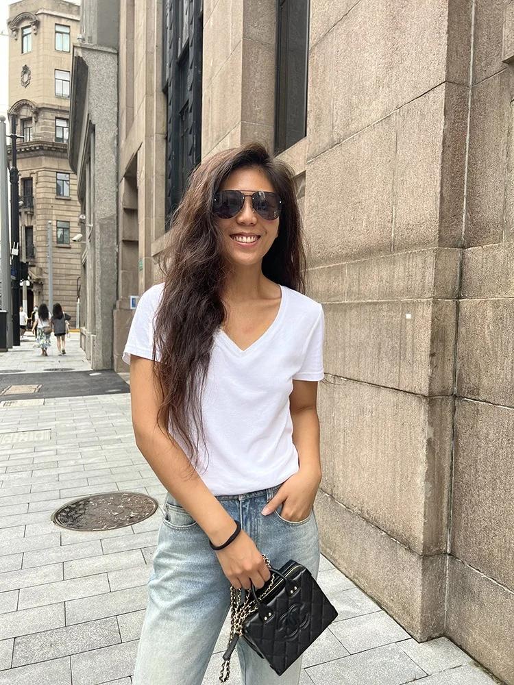 

Blanini Women's Bla White Soft Cotton V-ne T-irt ort Sve Casual Sle Summer Top Inner Wear Versatile Basic irt